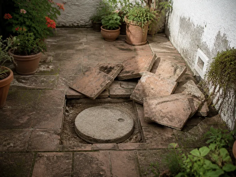 Tapa de arqueta descubierta bajo el enlosado de un patio en Benimaclet