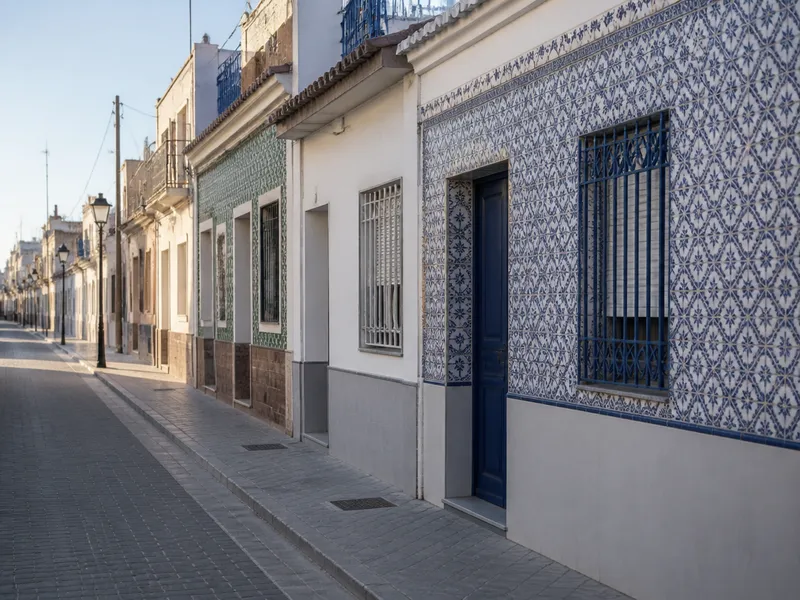 Calle del Cabanyal en Valencia con casas de azulejos, zona de desatascos