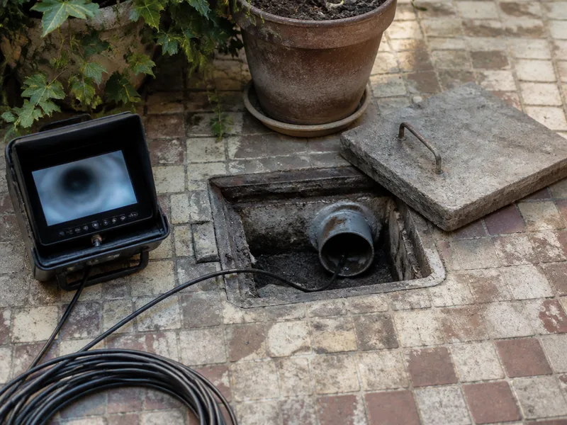 Cámara de inspección junto a una arqueta de patio en una casa de Patraix