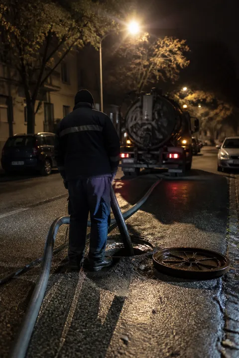 Intervención nocturna de desatasco urgente en una calle de Valencia