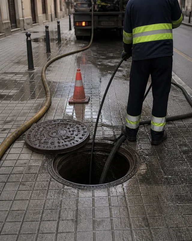 Limpieza de red de saneamiento en un pozo de registro de Valencia